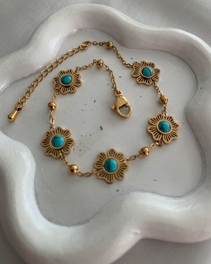 Bracelet fleur bleue turquoise en acier inoxydable doré - photo numéro 5