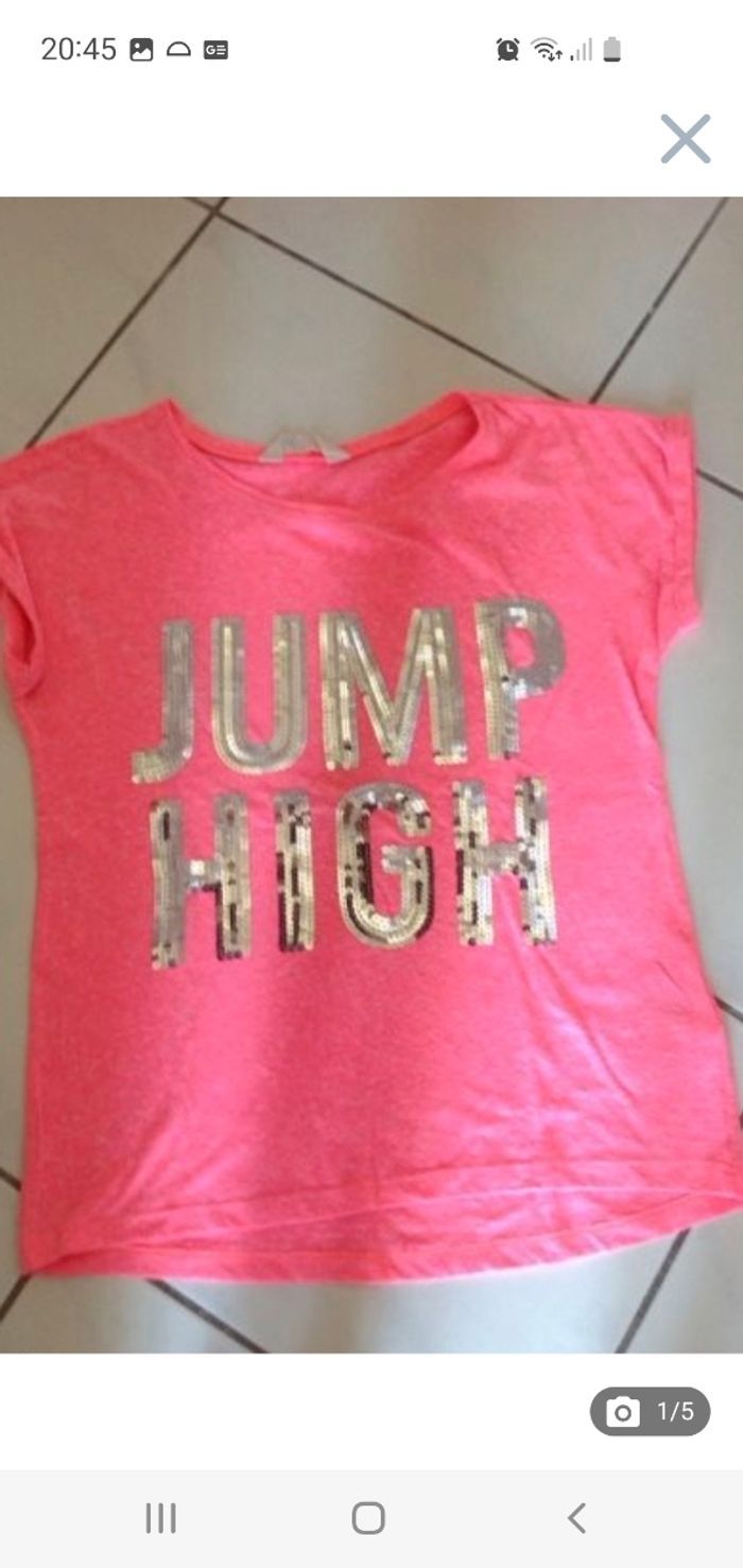 Tee-shirt rose fluo imprimé strass 10-12 ans H&M - photo numéro 1