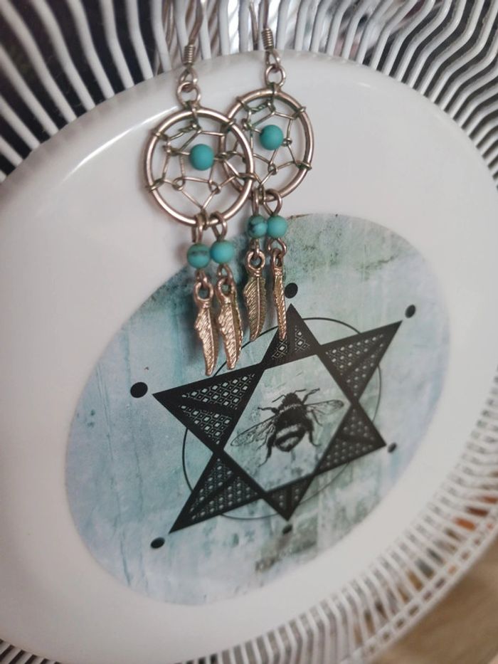 Boucles d'oreilles attrape rêve argent et turquoise - photo numéro 2