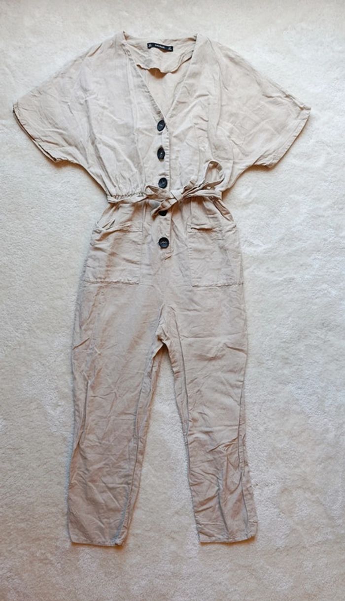 Combinaison Zara Basic S beige crème avec gros boutons et ceinture assortie coton lin - photo numéro 5