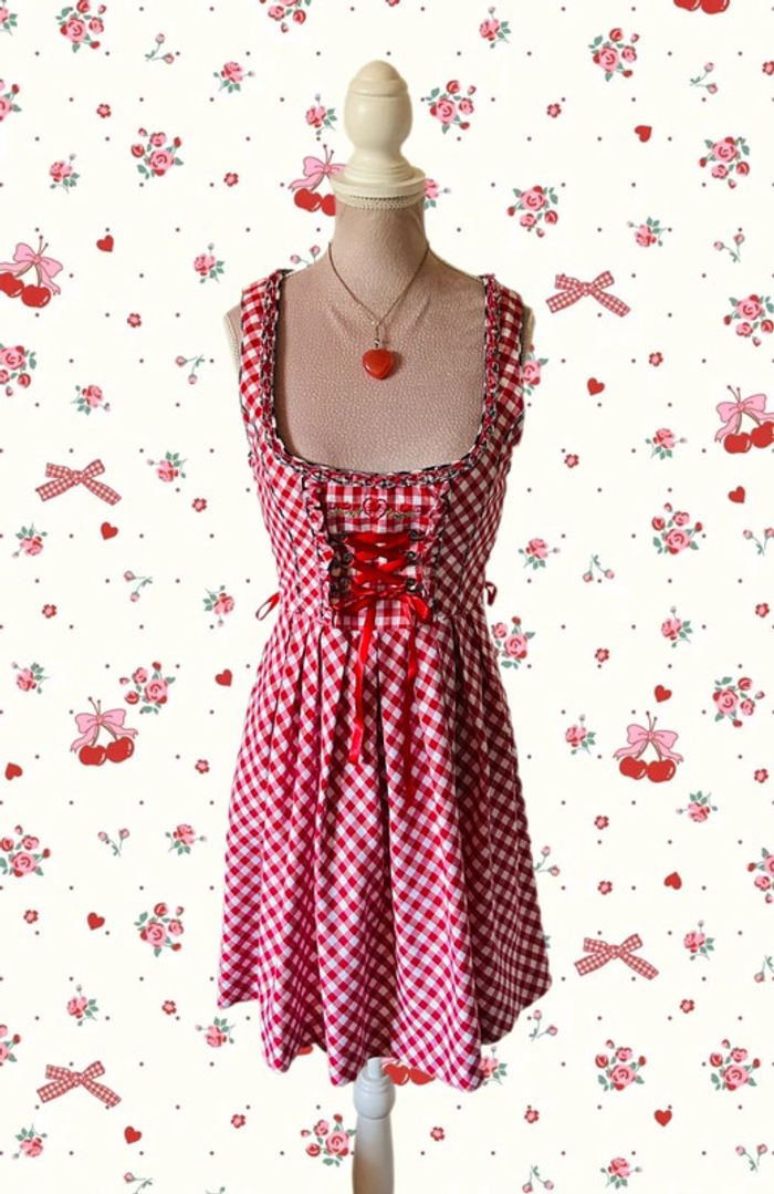 🍒Jolie robe traditionnelle autrichienne cottagecore dirndl red gingham austrian dress🍒 - photo numéro 4
