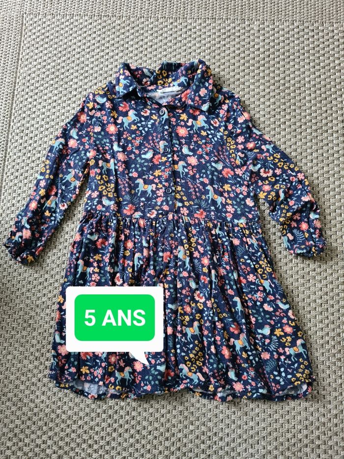 Robe chemise manches longues motifs fleurs et licornes - 5 ans