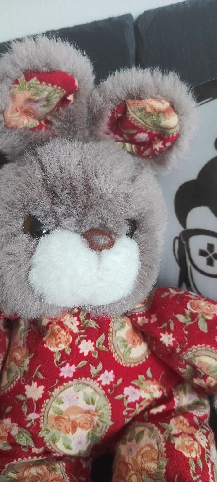 Doudou Peluche Lapin Vintage Marron Beige Corps Tissu Rouge Gris Fleurs CP Blanc - photo numéro 2