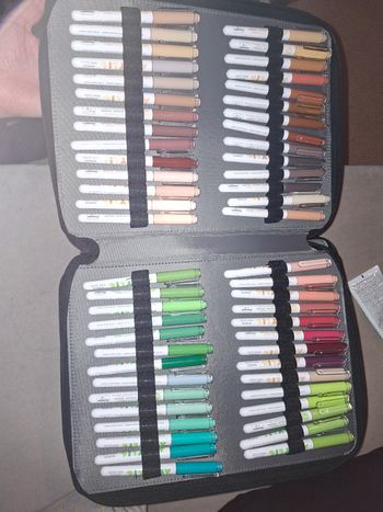 GuangNa stylo bille acryliqueLot complet des 168 couleurs, acheter neufs 115 euros plus 2 boîtes supplémentaire pour 10 euros sois 125 le tout. Il y a 20 doubles a la fin de la trousse car 4 stylos dysfonctionnés donc j’ai racheté les deux pochettes conce