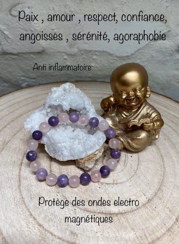 Bracelet lepidolite et quartz rose 18 cm , lithothérapie