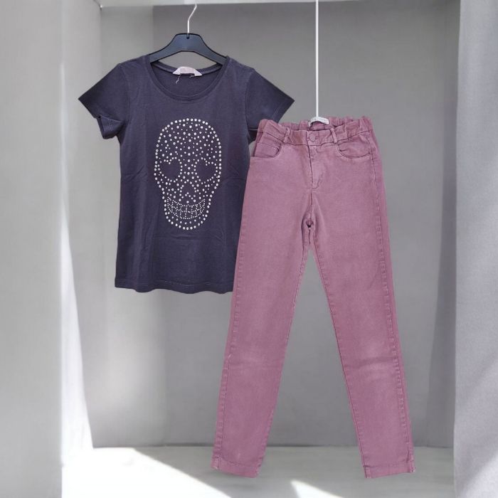 Lot fille 12 ans Zara & H&M – pantalon rose mauve + t-shirt tête de mort strass