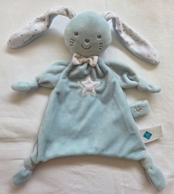 Doudou plat Lapin bleu - Etoiles - Attache tétine- Tex