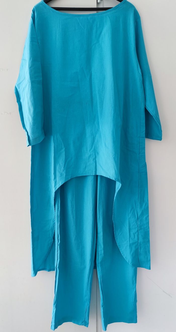 ✅ Ensemble 2 pièces femme turquoise taille S – haut long et pantalon large – neuf - photo numéro 4