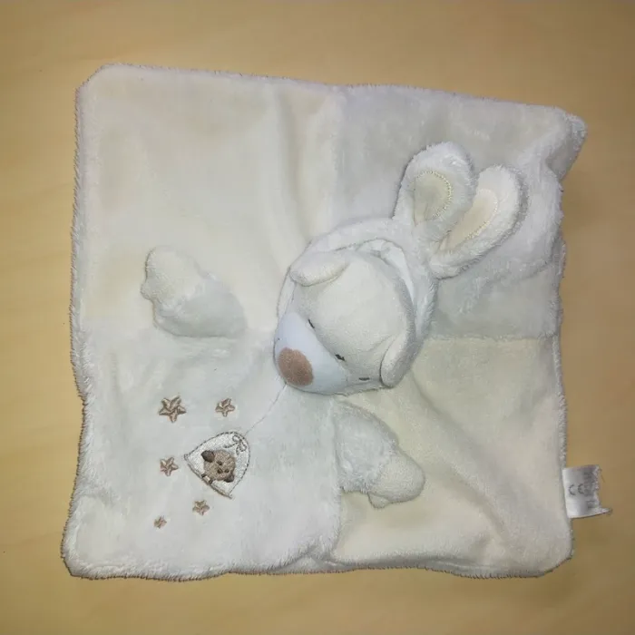 Doudou ours déguisé en lapin carré plat blanc écru- cage d'oiseau - Simba