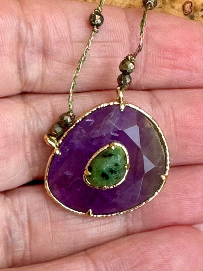 Collier habaha Paris fils tissés paillettes pavé améthyste malachite acier inoxydable or - photo numéro 2