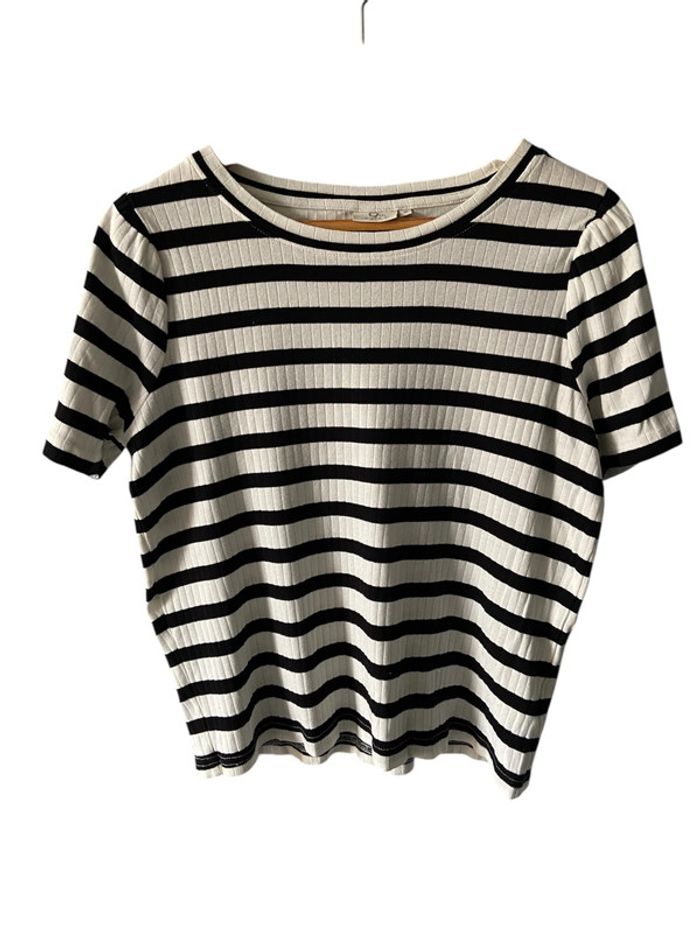 🤍 T-shirt femme à rayures blanc et noir style marinière Taille M 🤍