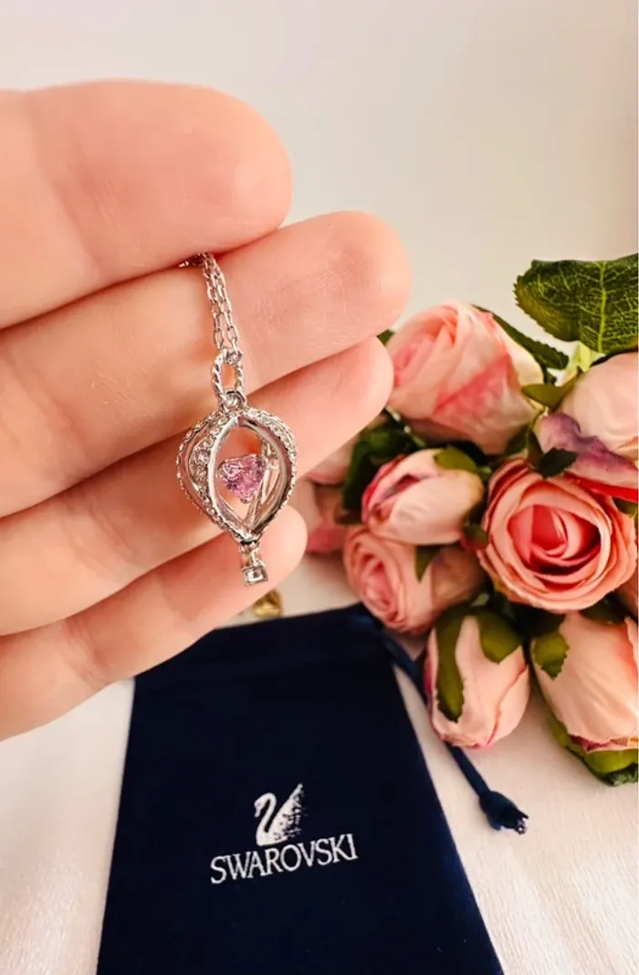 🎈Collier Swarovski montgolfière argenté cœur rose mobile – avec pochon - photo numéro 8