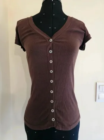 🤎 Cardigan Femme Marron Côtelé Boutonné JS Millenium Manches Courtes - 100% Coton - Taille Unique 🤎