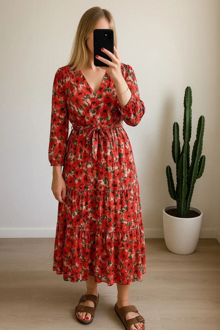Robe longue motifs fleuris rouge corail taille M - Millenium