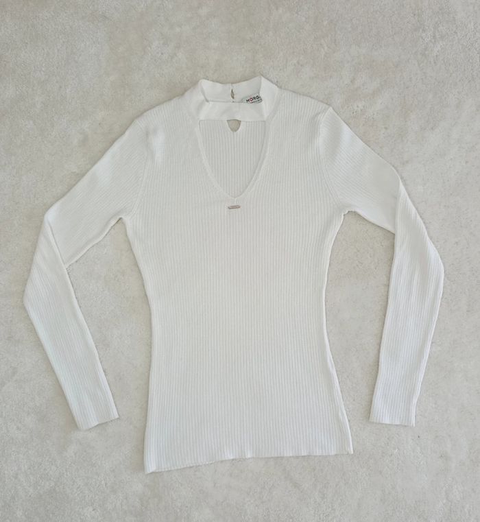 Pull col V Morgan S blanc moulant sexy - photo numéro 4