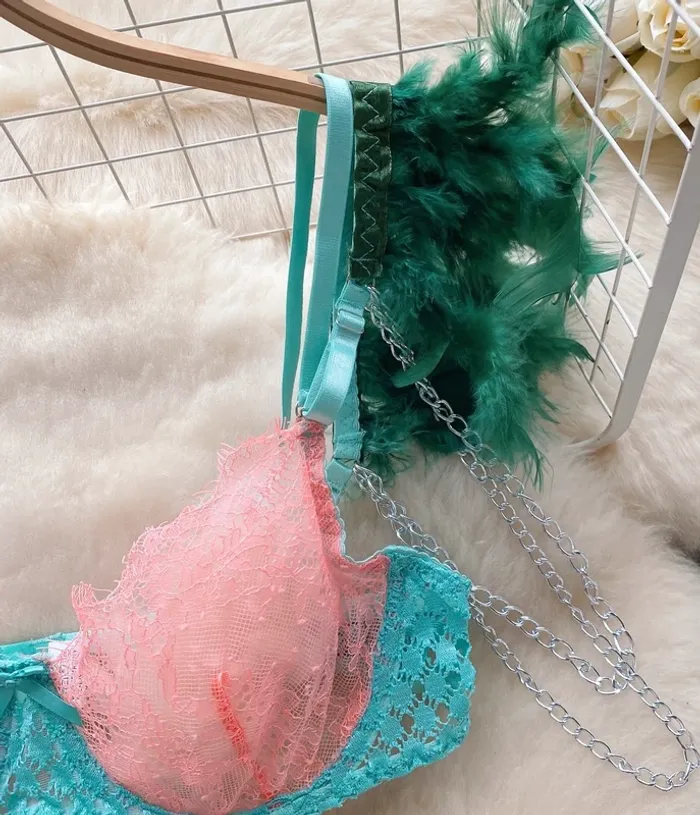 Ensemble lingerie dentelle turquoise & rose clair  – Neuf, Taille S - photo numéro 7