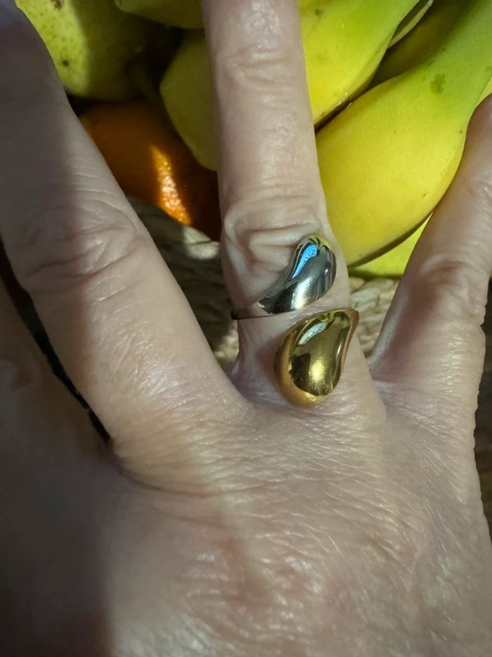 Bague réglable acier inoxydable or et argent gouttes serpent - photo numéro 2