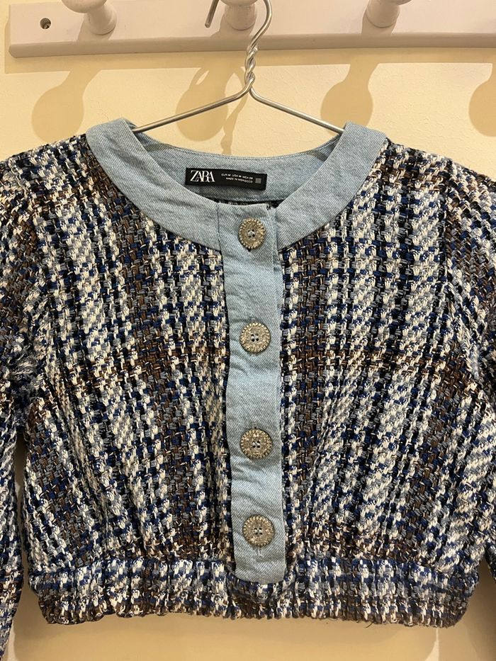 Top cardigan cropped court bi matière en denim col rond boutonné bleu zara taille M/38 - photo numéro 5