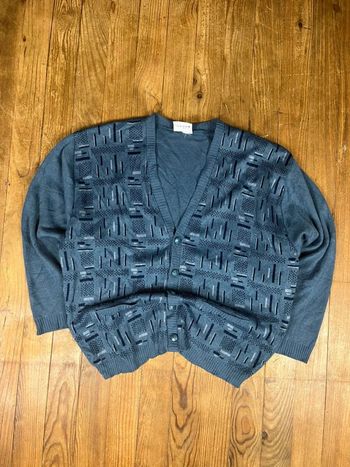 Pull cardigan vintage motifs bleu marine Made in UK L