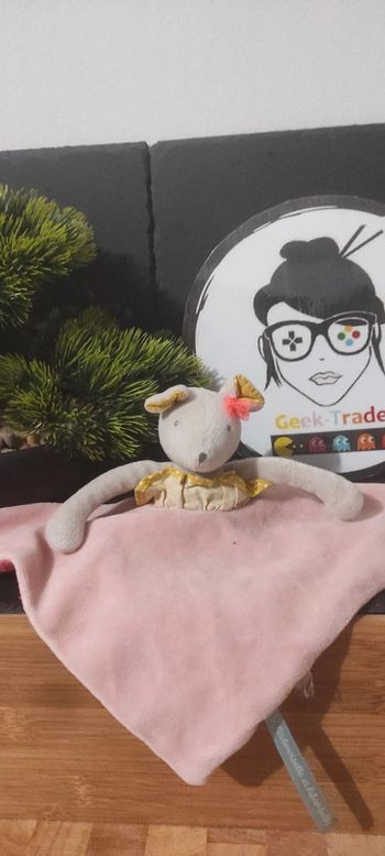 doudou plat souris moulin roty mademoiselle et ribambelle rose jaune noeud pois