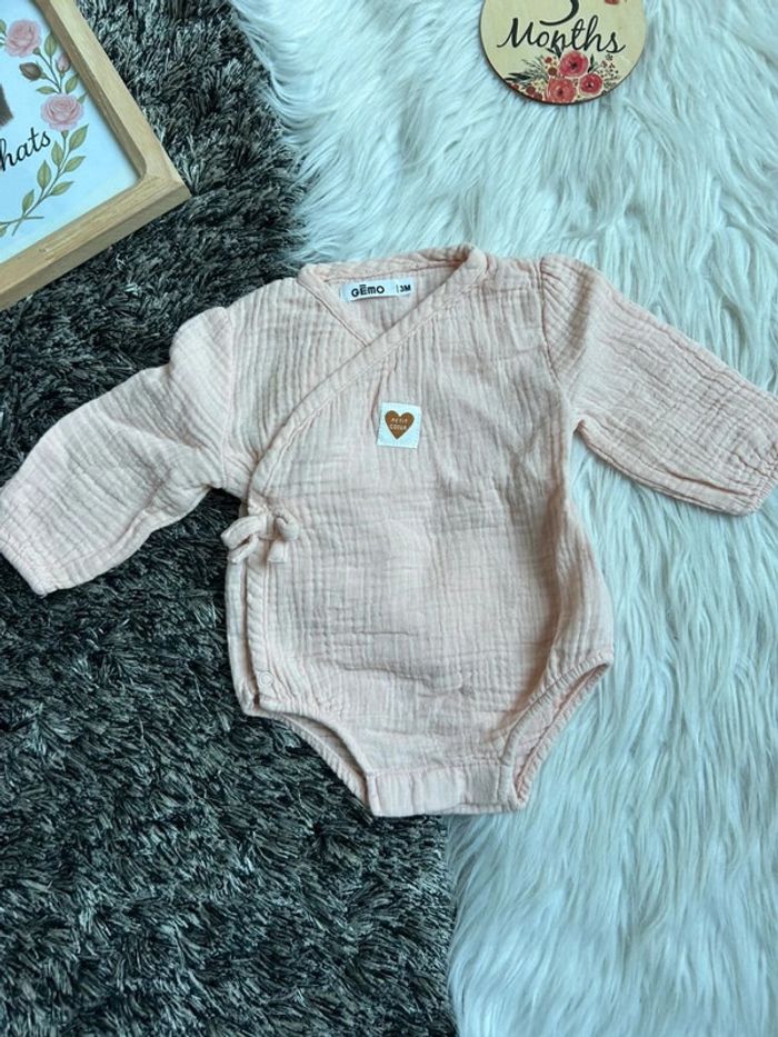 Body Bébé GÉMO 3 Mois - Cache-cœur en Mousseline de Coton Rose Pâle - photo numéro 2