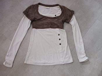 Top manches longues écru et marron 38 Cache Cache