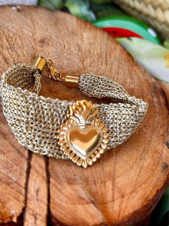 Bracelet manchette large fils tissés or cœur ex-voto chaîne réglable acier inoxydable or - photo numéro 4