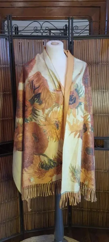 Superbe châle Cachemire "Virgin Woo Feel" , motif tournesol de Vincent Van Gogh