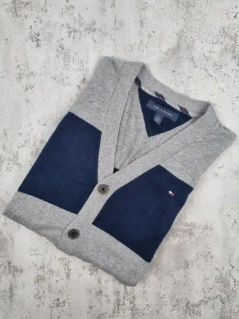 Gilet boutonné Tommy Hilfiger gris clair et bleu marine – Taille L Hommes (mesures en photos)