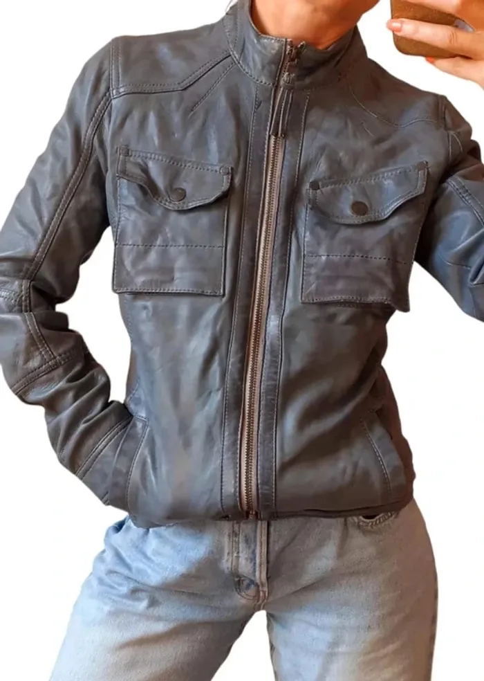 Blouson redskins en cuir gris cintré motard - photo numéro 15