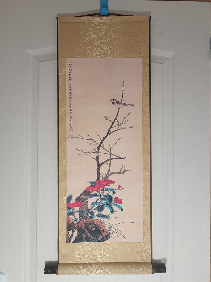 Tableau peinture impression oiseau Moineau fleurs prunier camélia 