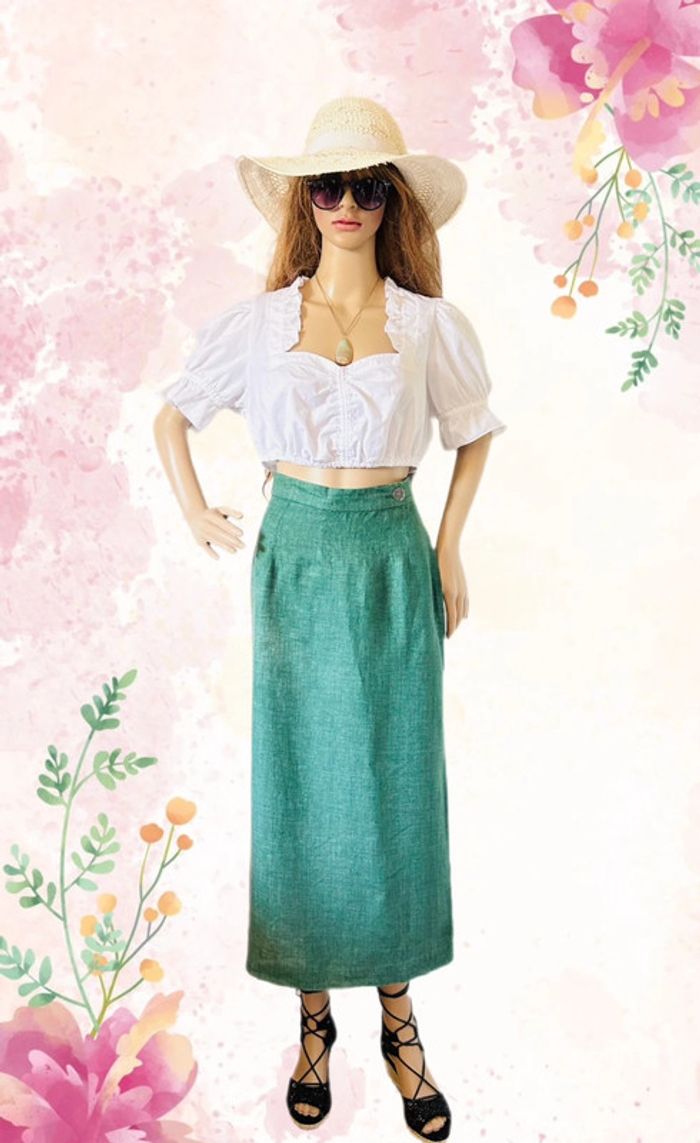 🦚Jupe longue en lin vert champêtre Cottagecore Countryside Charm Green Linen Skirt🦚 - photo numéro 3