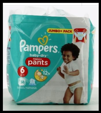Lot de 58 Couches Pampers Baby Dry Pants 14-19KG Taille 6 Neuf