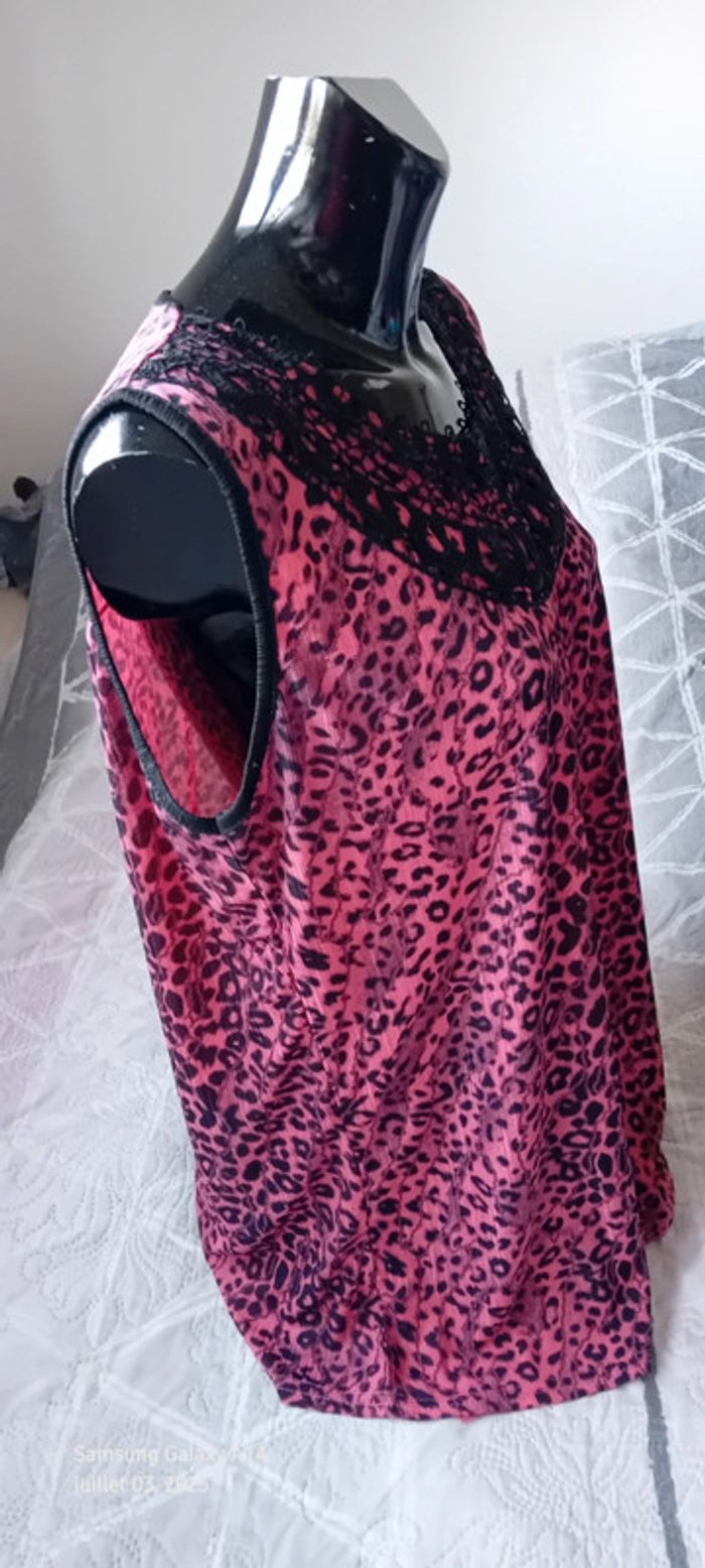 Tunique débardeur longue motif léopard avec broderies fuschia et noir femme XXL - photo numéro 7