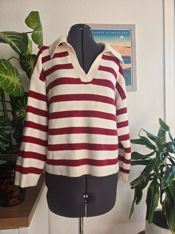 Pull marinière rouge et blanc col en V - Mango - taille L - 40