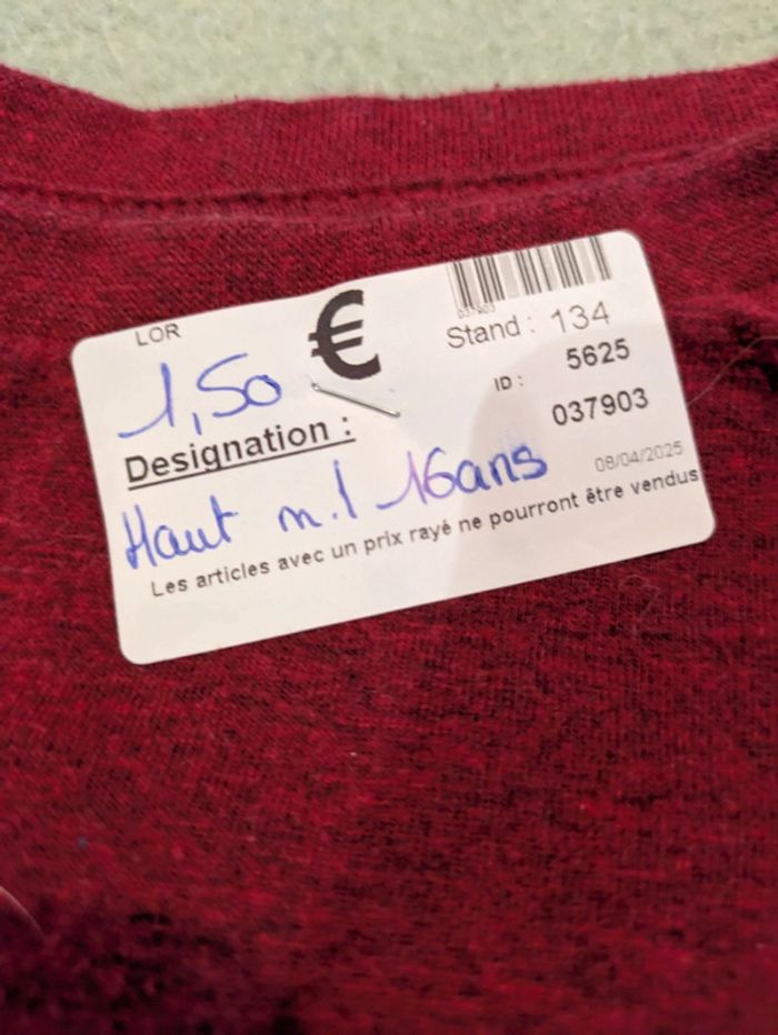 Haut manches longues bordeaux 16 ans / S - photo numéro 2