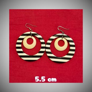 Grandes Boucles d'Oreilles Pendantes Créoles – Motif Rayures Noir et Blanc – Style Rétro/Pin-up – Très Bon État