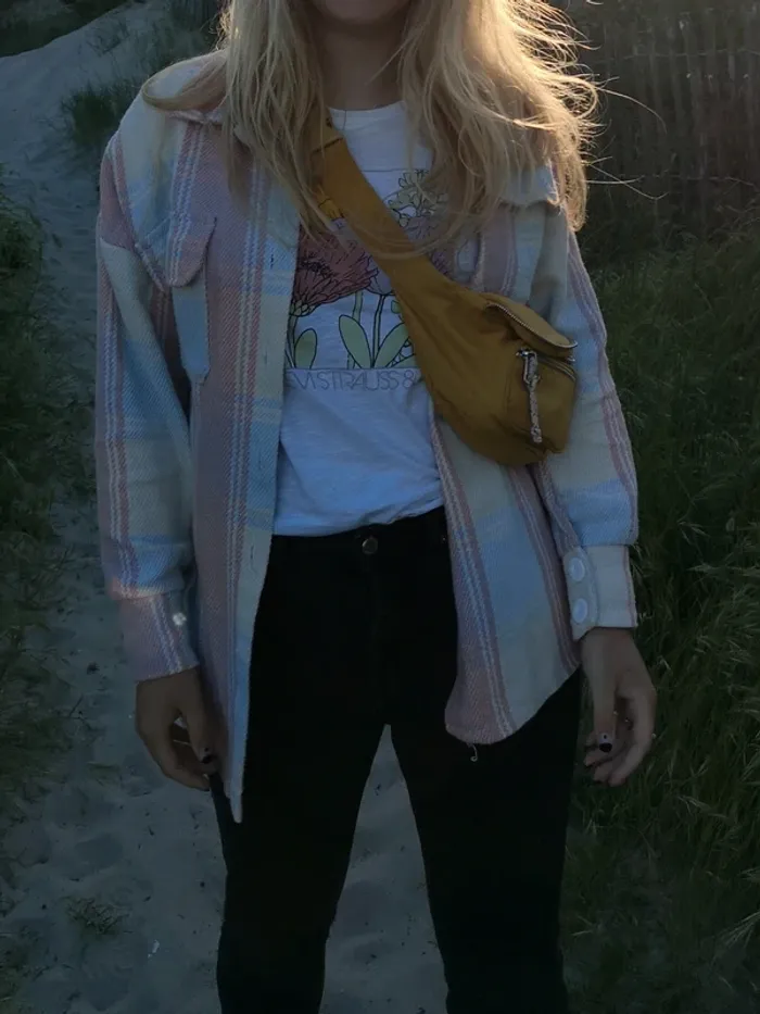 Veste chemise à carreaux pastel rose bleue et blanche/crème New Collection taille 38 / M - photo numéro 6