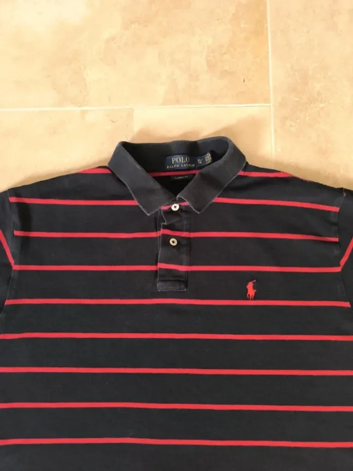 Polo Ralph Lauren homme XL noir rayures et logo rouge parfait état - photo numéro 3