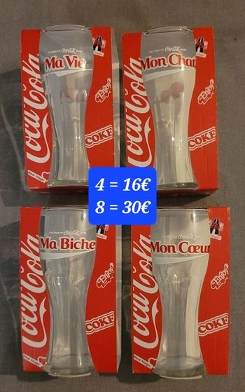 Lot de 4 verres Coca Cola Édition Limitée neufs Mon chat, ma vie, mon cœur, ma biche