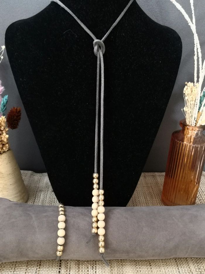 Collier à nouer en cuir et perles avec bracelet assorti