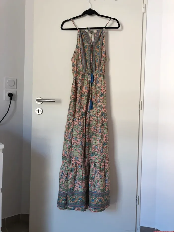 Robe longue fluide rose et vert à motif soie Vintage Silk taille unique - photo numéro 5