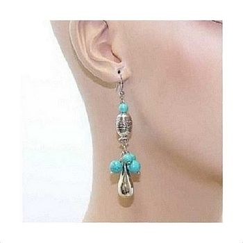 Boucles D'oreilles Pendantes Métal Argenté & Turquoises Véritables