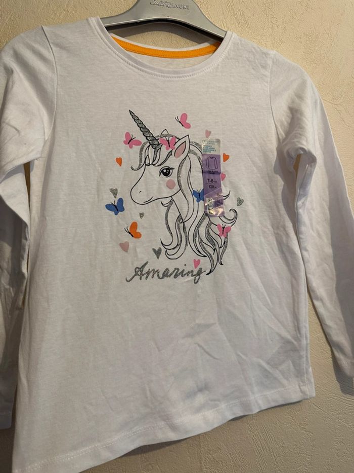 T-shirt blanc en coton manches longues imprimée à licorne fille 7-8 ans - photo numéro 2