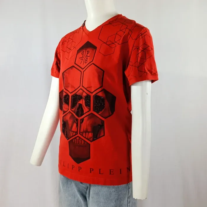 T-shirt rouge Philipp Plein skull strassé imprimé hexagonal Taille M A1184 - photo numéro 2