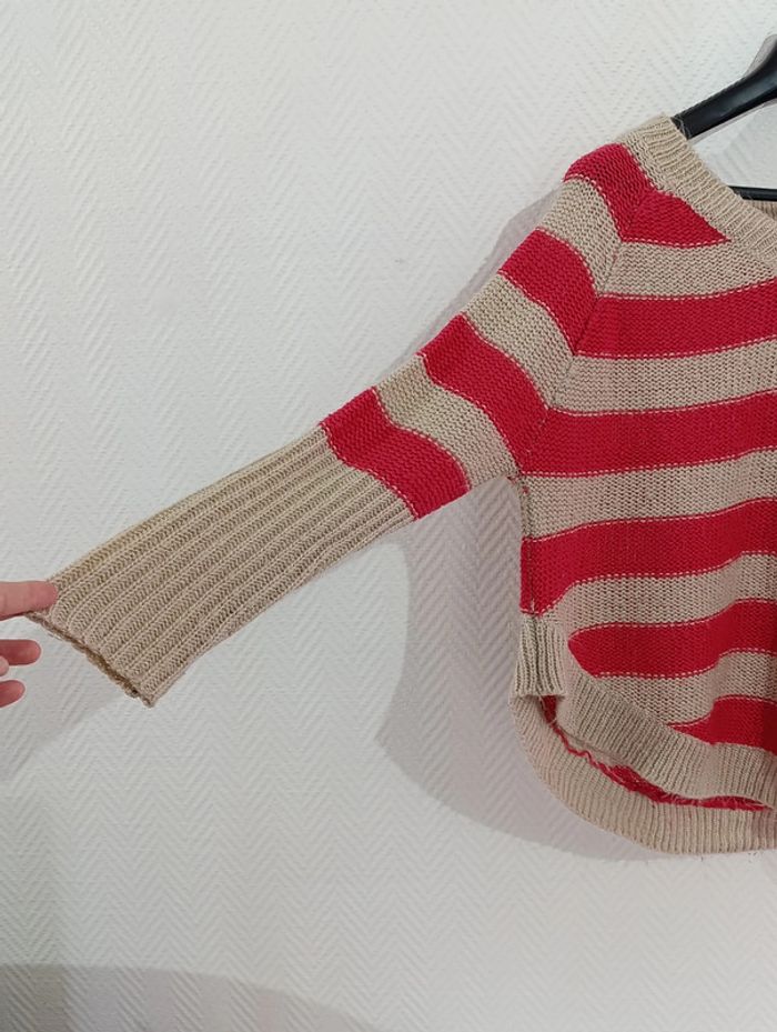 Pull mailles taille unique framboise et beige - photo numéro 2