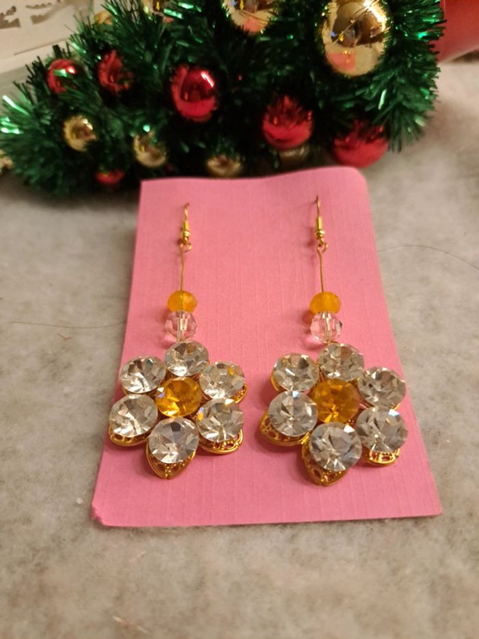 Boucles d'oreilles pendante avec strass orange et blanc - photo numéro 6