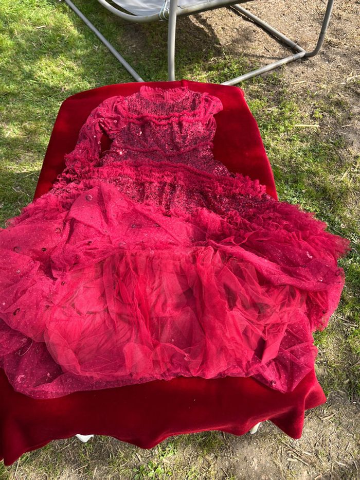Robe longue Rouge voile paillettes jupon froufrou T 40 - photo numéro 16