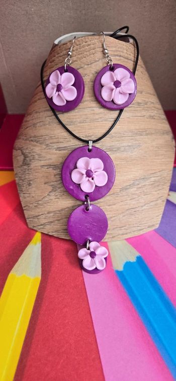 Parure Fimo fleur violet/lilas neuf