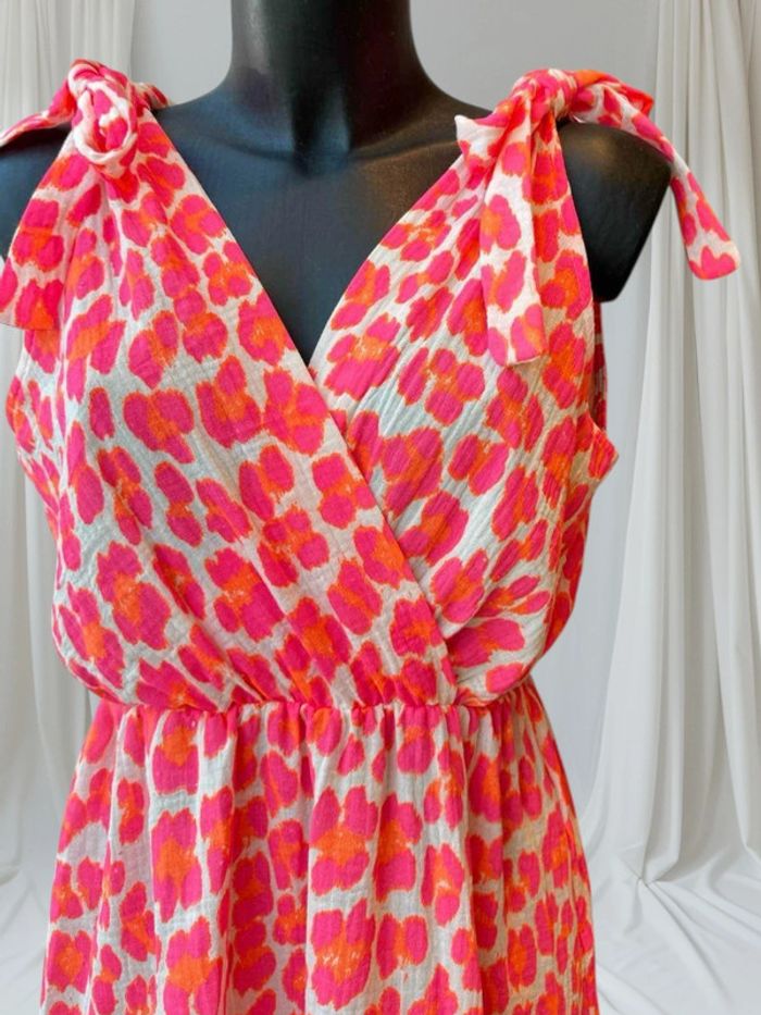 Magnifique robe longue d’été gaz de coton léopard blanc Fushia grande taille 42-46 - photo numéro 3